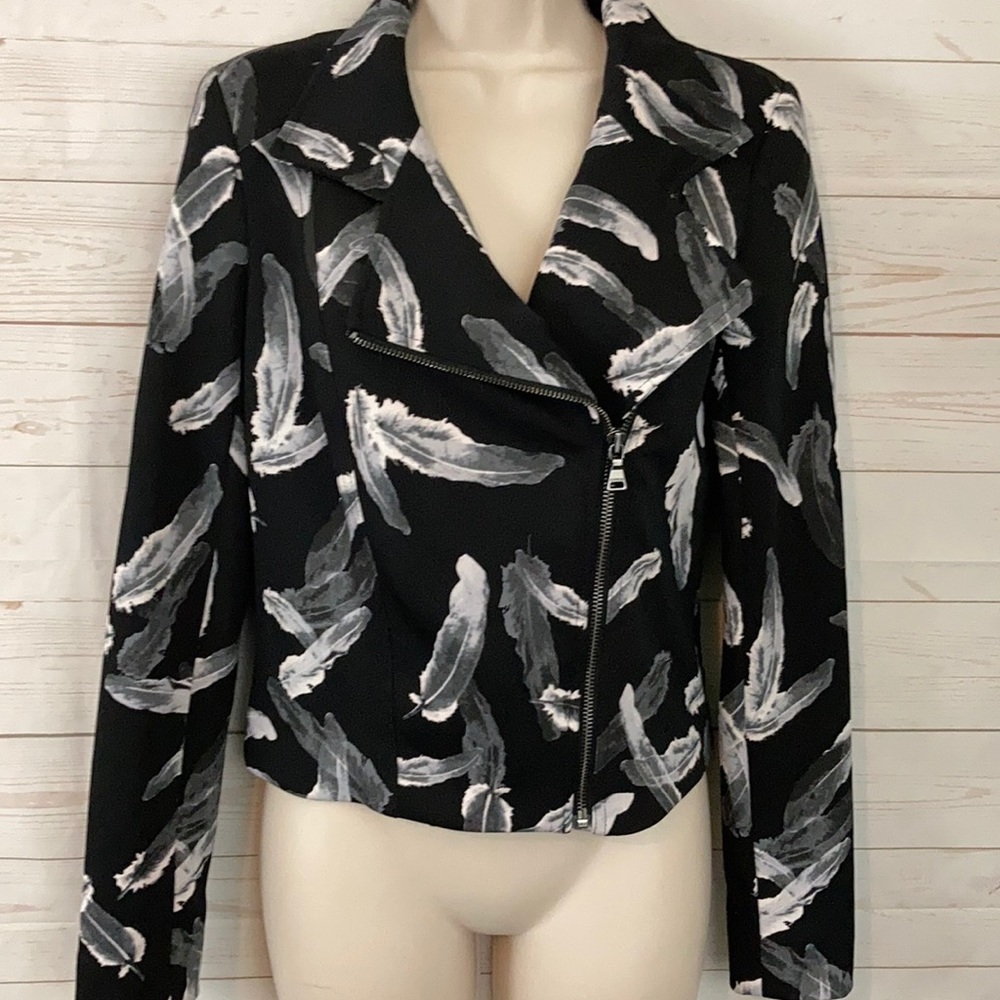 Express Sz S Feather Print Moto Zip Light Jacket